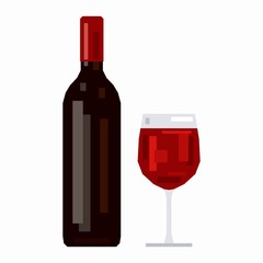 Bottle and a glass of red wine, pixel flat design