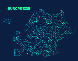 Abstract futuristic map of Europe. Electric circuit of the region. Technology background.