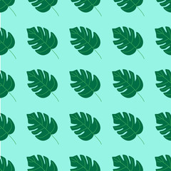 Seamless summer pattern, monstera leaves on a turquoise background. Flat vector illustration