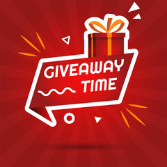 Giveaway time modern banner vector template for social media on red background, motion elements. Gift box for winner. Eps 10 vector