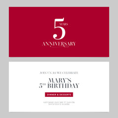 5 years anniversary invitation vector illustration. Graphic design double-sided template