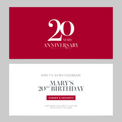 20 years anniversary invitation vector illustration. Graphic design double-sided template