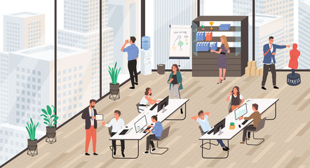 Office life. Group of office workers at working place and communicating to each other. Office interior. Flat cartoon style vector illustration.