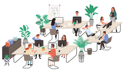 Group of office workers at working place and communicating to each other. Flat cartoon style vector illustration.