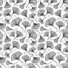 Black and white ginkgo leaves seamless pattern