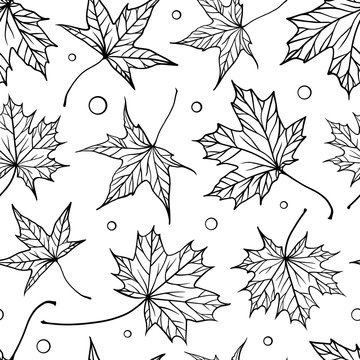 Black and white maple leaves vector seamless pattern