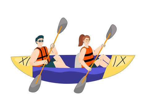 Flat style vector illustration of a happy man and woman on a double inflatable kayak canoeing in the river or sea. Social distance fun activity during corona virus. Isolated design. Family sport.