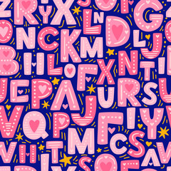 Seamless cute vector pattern with love English alphabet lettering hand drawn with heart and stars elements decor. Pink colour type. Cartoon doodle typography. Romantic alphabet design with background.