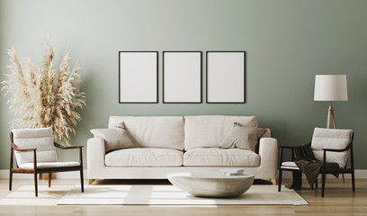 Blank three poster frames mock up in pastel green room interior , 3d rendering © Oleksandr