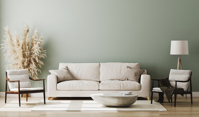 Pastel green room interior, living room interior mockup, empty green wall, 3d rendering