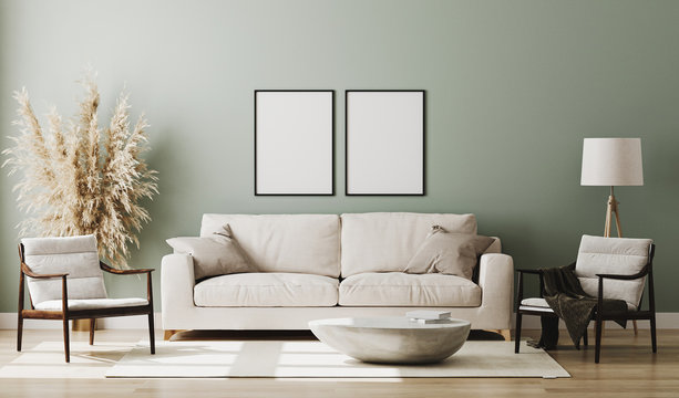 Blank two poster frames mock up in pastel green room interior , 3d rendering