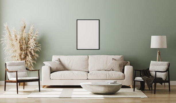 Blank poster frame mock up in pastel green room interior , 3d rendering
