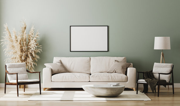 Blank picture frame mock up in pastel green room interior , 3d rendering
