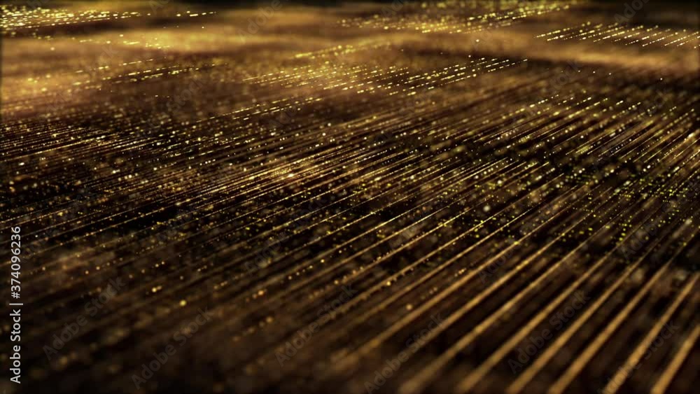 Poster Futuristic digitally generated golden abstract de-focus particles grid motion in cyber space environment background