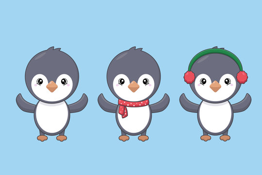 Set of hand-drawn vector penguins. Winter penguins with scarf and earmuffs.