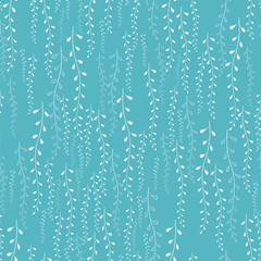 Naklejka na ściany i meble Abstract doodle blue climbing plants seamless pattern. Floral stripes vertical background.