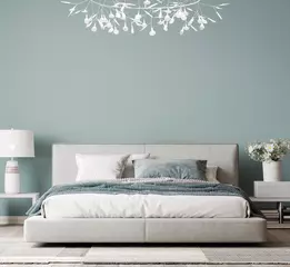 Foto op Aluminium Luxury bright bedroom design, modern white bed and elegant home accessories on pastel blue wall background, 3d render © lilasgh