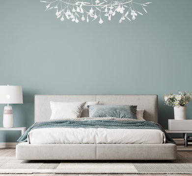 Luxury bright bedroom design, modern white bed and elegant home accessories on pastel blue wall background, 3d render