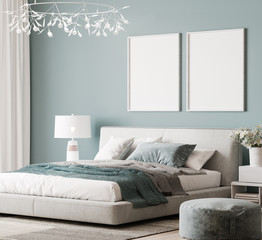 Mock up frame in luxury bright bedroom design, modern white bed and elegant home accessories on pastel blue wall background, 3d render