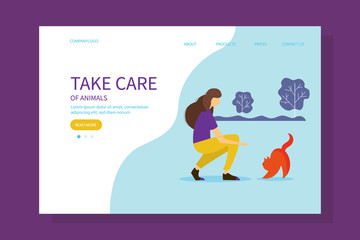 Woman playing with a cat. The concept care of animals, protection of animals. Cute illustration in flat style. 
