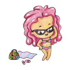 A girl in a bathing suit - swimsuit, wearing sunglasses standing at the beach, bag and mat - hand drawn color pencils summer cute illustration, raster