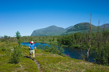 Fototapeta na wymiar Hiking in Sweden in summer. Man tourist trekking in Abisko National Park in northern Sweden. Nature of Scandinavia in sunny day blue sky