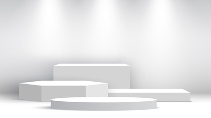 White blank podium with spotlights. Exhibition stand. Pedestal. Scene. Vector illustration.