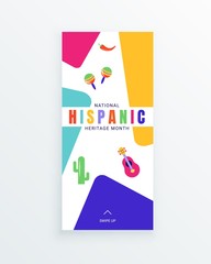 National Hispanic Heritage Month social media story template decorated with attributes of Latin American culture like chilli, cactus, guitar, maracas.