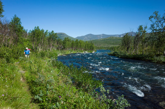 Hiking in Sweden in summer. Man traveler trekking alone along river in Abisko National Park in northern Sweden. Arctic nature of Scandinavia in warm sunny day with blue sky