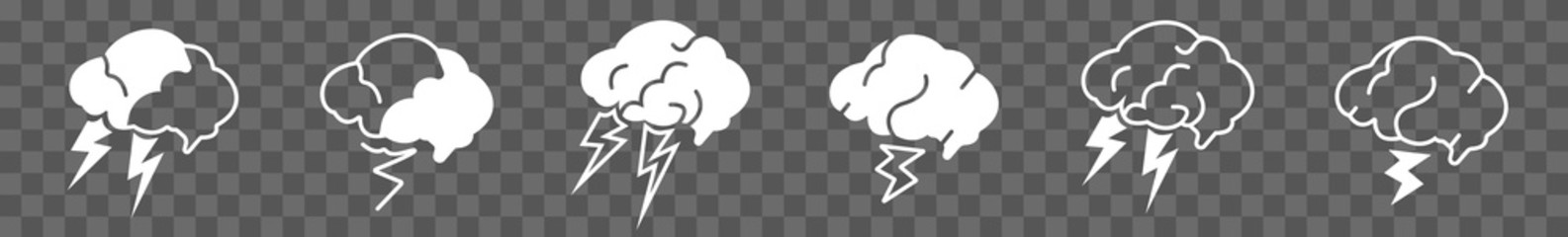 Brainstorming Icon White | Brainstorm Illustration | Thinking Symbol | Brain Lightning Logo | Creative Idea Sign | Isolated Transparent | Variations