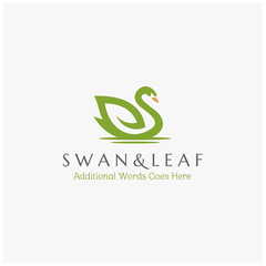 Beauty Swan with Leaf logo design for Organic Nature Wildlife on water lake creek river