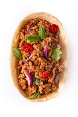 Mexican barquita taco with beef, chilli, tomato, onion and spices isolated on white background