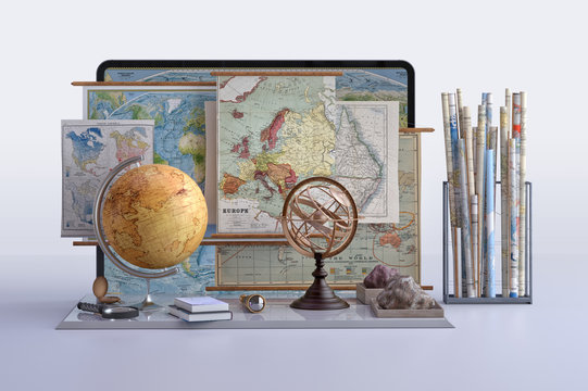 Back to school, distance learning, online education concept. Geography globe, compass, tablet screen  geographic maps background. Online video geography digital classroom lesson 3D design illustration