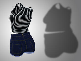 Conceptual fat overweight obese shadow female clothes outfit vs slim fit healthy body after weight loss or diet thin young woman on gray. A fitness, nutrition or  obesity health shape 3D illustration