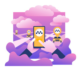 Taxi call concept - hand holding smart phone touching taxi symbol displayed on screen and nearest taxi cab locations on background - isolated vector illustration 