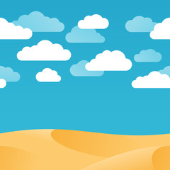 Fototapeta na wymiar Cloudy blue sky and sand dunes (beach or desert) - seamless vector background with cartoon flat clouds