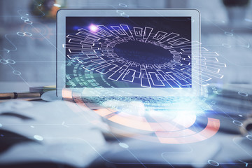 Multi exposure of desktop computer and technology theme hologram. Concept of software development.
