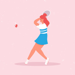 Woman playing big tennis vector flat illustration isolated on pink background.