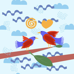Obraz premium Bright colorful graphic floral pattern with birds in love in a hand-drawn style. Seamless pattern with birds and figures.