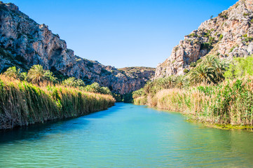 Preveli palm, hidden bay in Crete island, Greece. Nature and green around, sandy beach and river in Libyan sea. Must-see for tourists. 