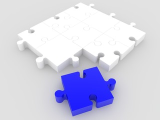 A white puzzle with a piece of blue puzzle in the foreground on white
