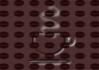 Coffee advertising design, coffee cup with plate, blurred steam, coffee beans on whole image, brown background
