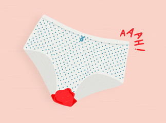 Blood on panties cute and funny menstruation period illustration  - obrazy, fototapety, plakaty