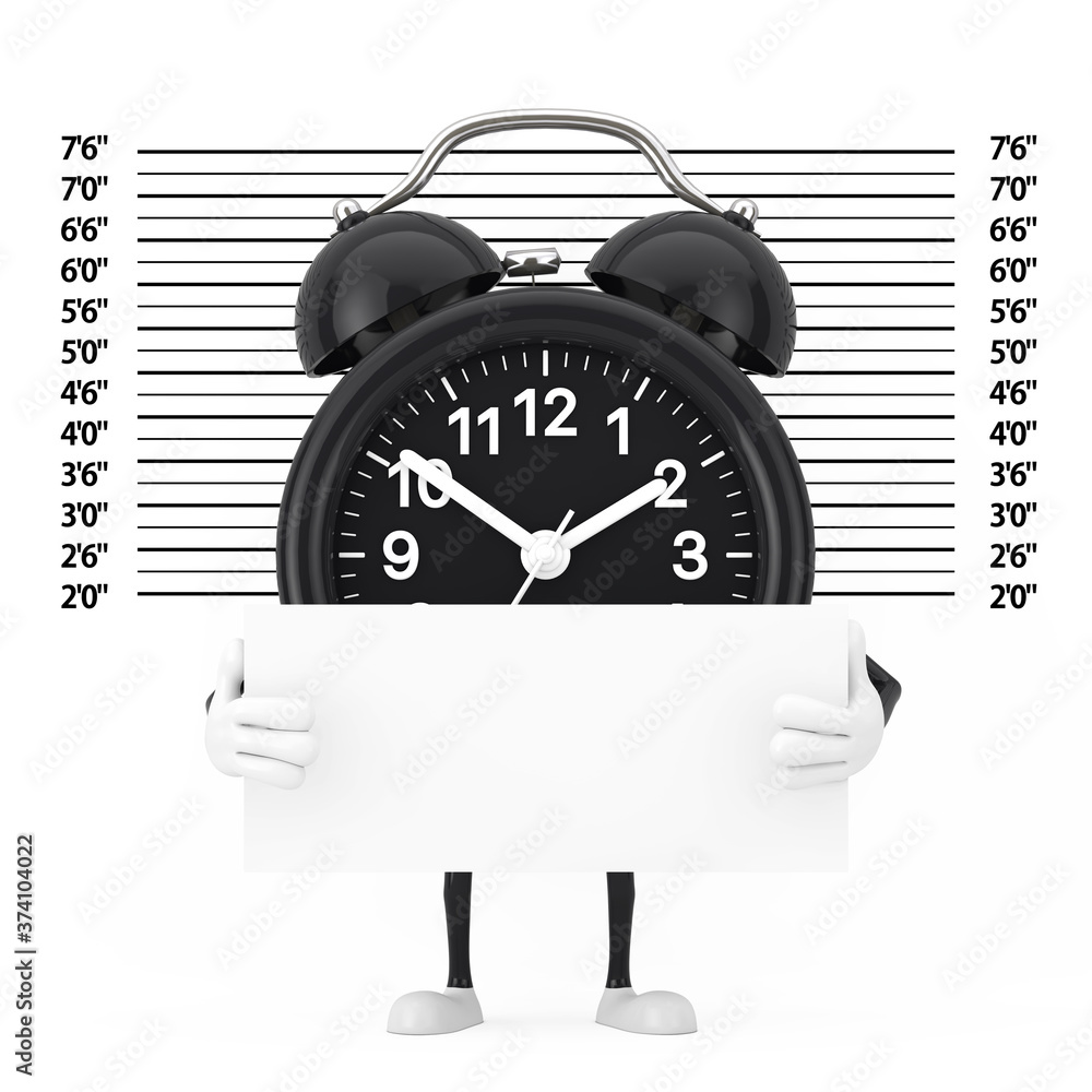 Poster Black Alarm Clock Character Mascot with Identification Plate in front of Police Lineup or Mugshot Background. 3d Rendering
