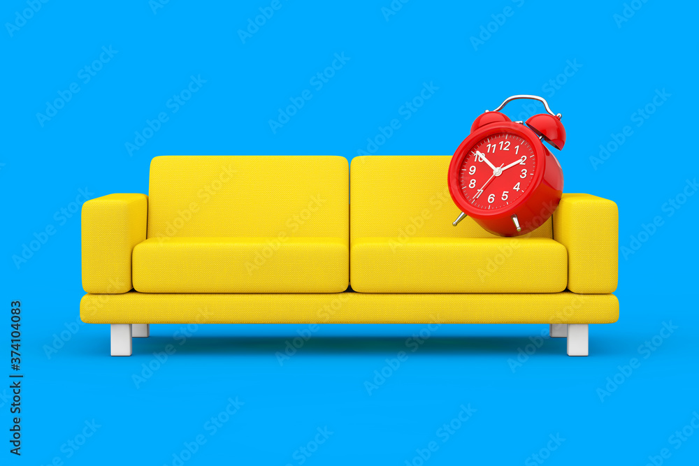 Poster red alarm clock with yellow simple modern sofa furniture. 3d rendering