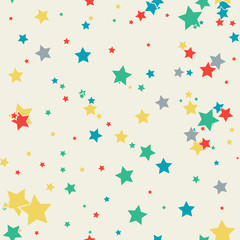 Cartoon colorful geo seamless pattern with chaotic stars and dots. Confetti wrapping paper. Messy geometric infinity background. Vector illustration.