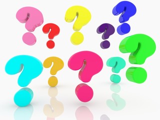 Colored question marks on a white background