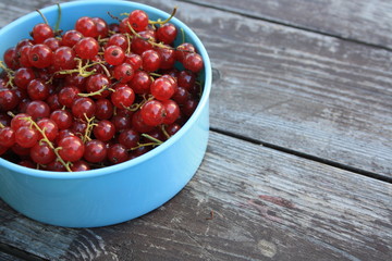 Fresh Redcurrant with Leaves on Grey Wooden Background