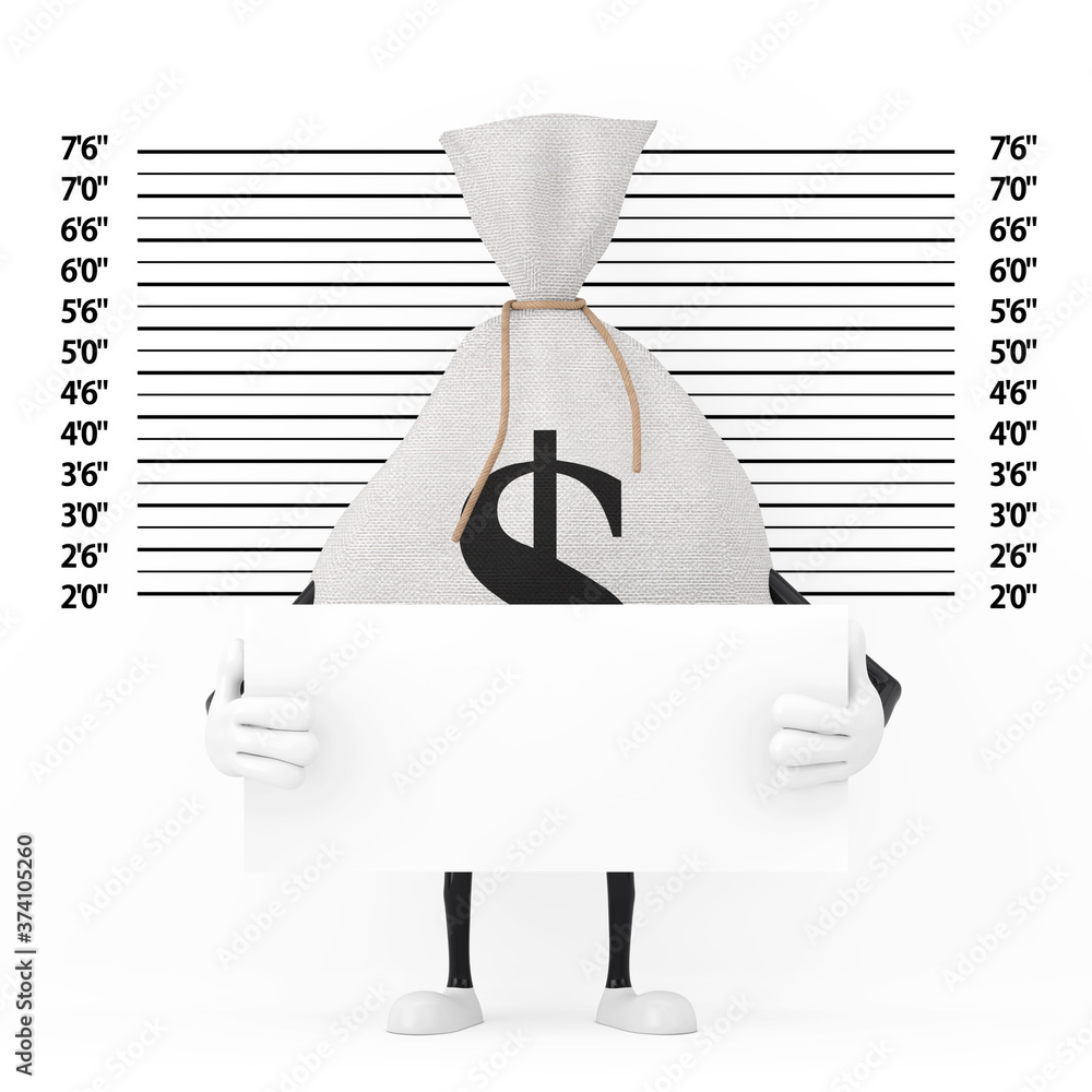 Poster tied rustic canvas linen money sack or money bag and dollar sign character mascot with blank identif
