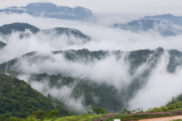 Sea of fog flowing cover mountain and green forest on the morning.